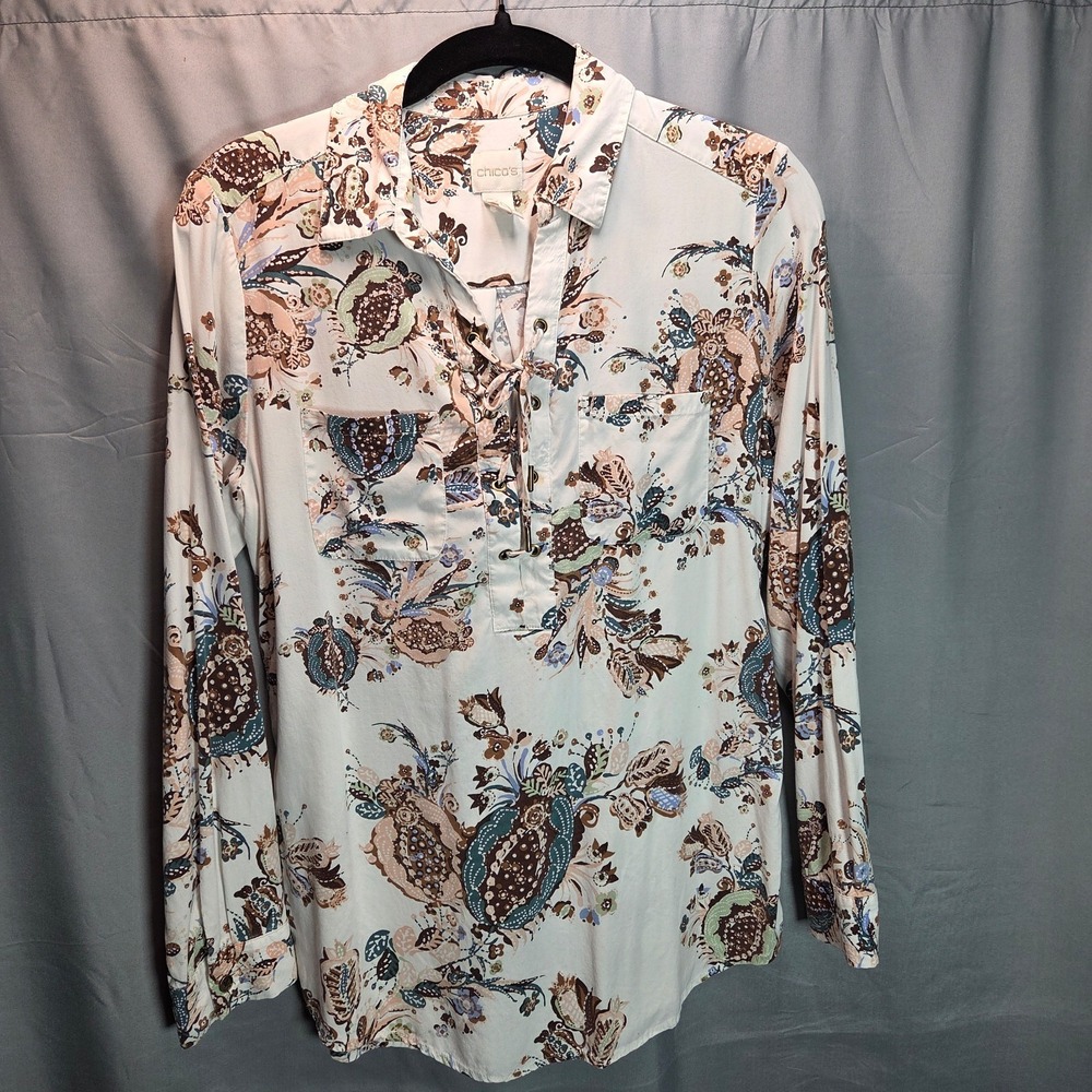 BoHo Women's Chico's Size 0 Ivory Floral Long Sleeve Blouse w/ Lace-Up
